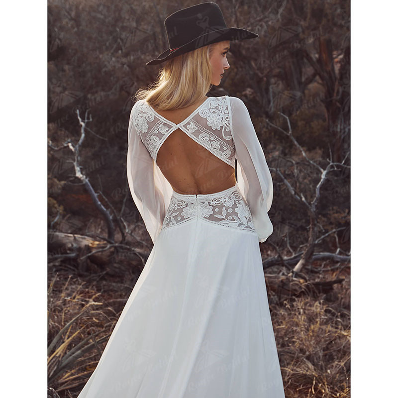 Vestidos Boho Bohemian Wedding Dresses Deep Long Puff Sleeve Lace Appliques Chiffon Open Back beach summer holiday Bridal Gowns