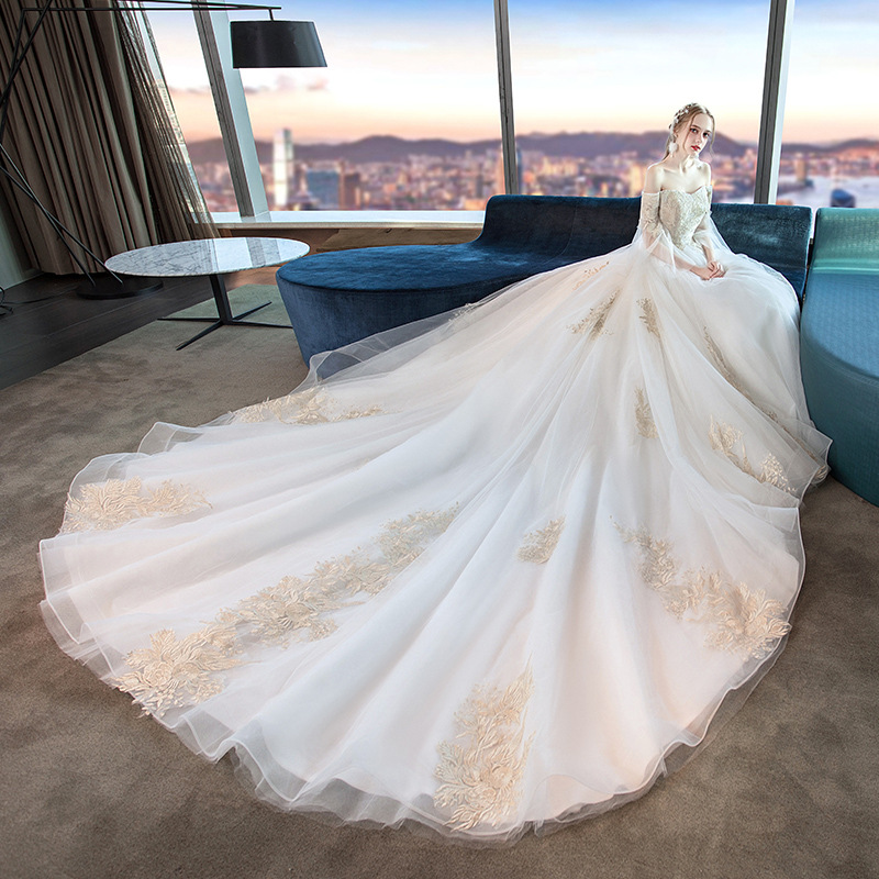 Elegant Wedding Dresse A-Line Strapless Long Sleeve Gold Applique Sweep Train Organza Lace Custom Made Pearl Vestidos De Novia Real picture