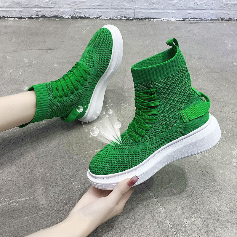 Green Knit Elastic Mesh Boots Women Autumn Slip on Platform Ankle Boots for Woman Thick Bottom Breathable Sock Shoes 220813