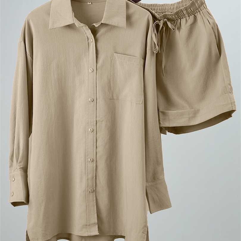 Summer Cotton Tracksuit Two Piece Set Female Long Sleeve Shirt Tops And Loose Mini Shorts Suit Women Casual Shorts Set 220817