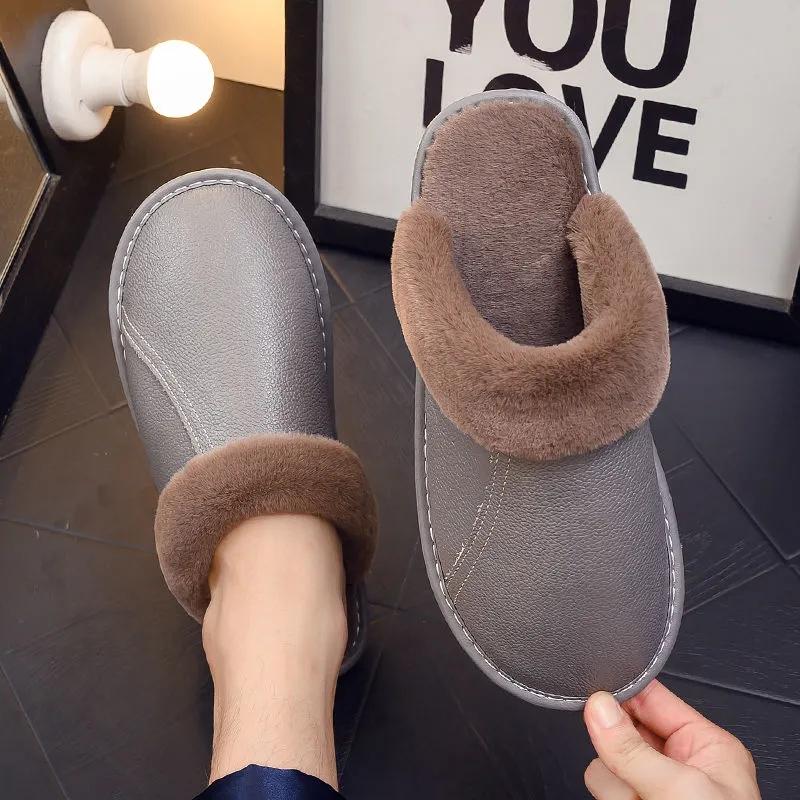 Slippers Couples Concise Genuine Leather Winter Home Furry Men Shoes Luxury Cow Plush Male Footwear