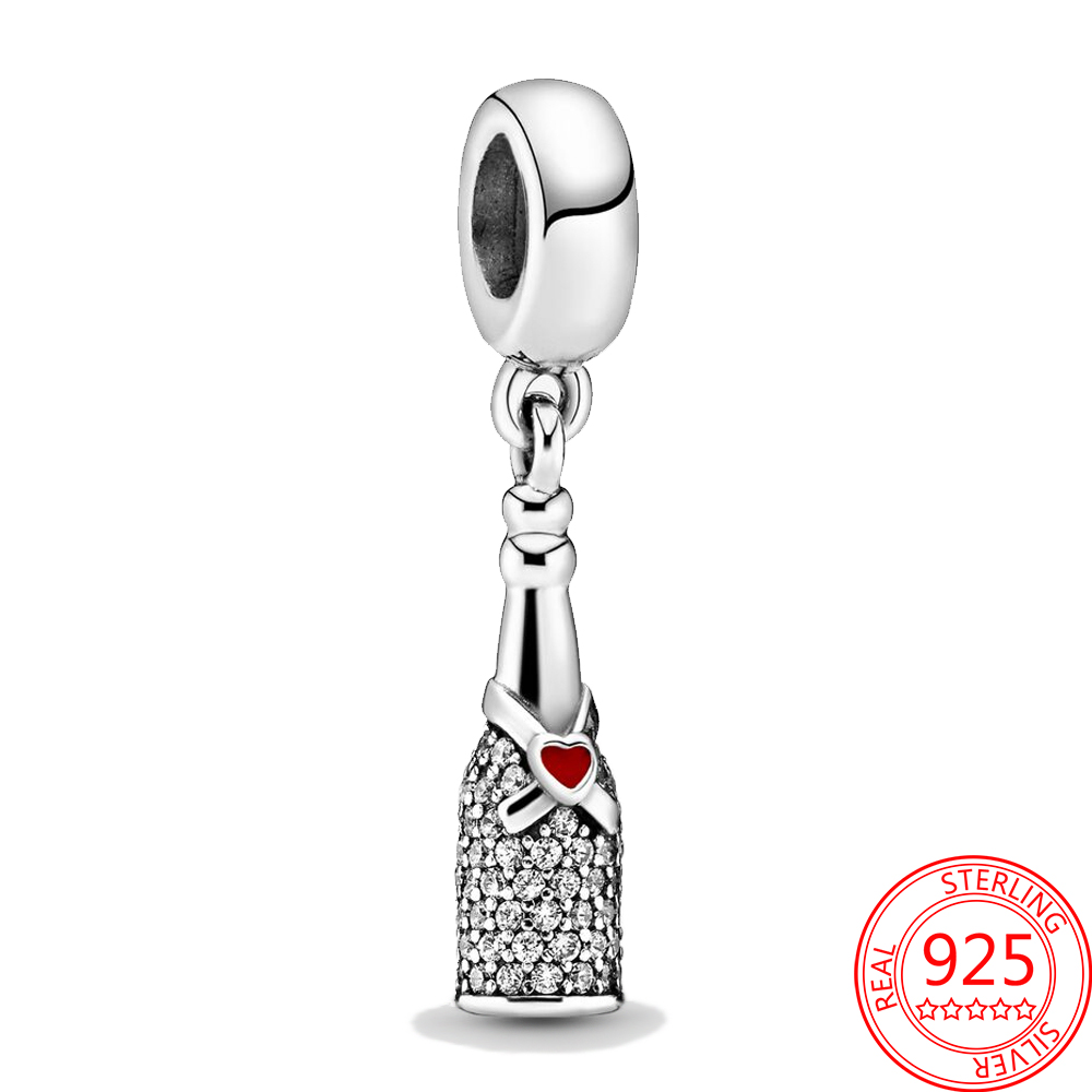 New Popular 925 Sterling Silver Charm Red Enamel Sparking Wine Bottle Charm For Bracelets Birthday Gifts Fashion Ladies Accessories