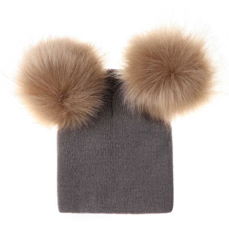 INS kids baby Double Fur Ball Beanie Knit Crochet boys girls Fur Pom Ski Cap Beanies Winter Warm Pom Hat Party students Hats caps
