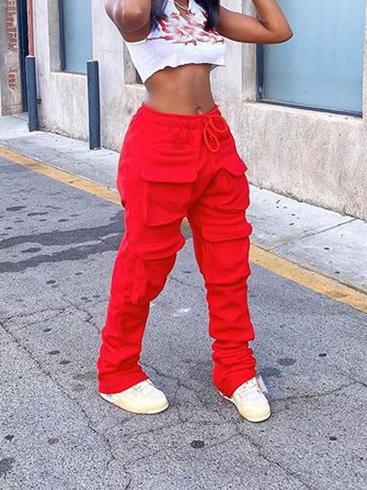 Women's Red Stacked Sweatpants High Waist Tracksuits Y2K Harajuku Joggers Streetwear Mall Goth Cargo Pants Safari Trousers 220325