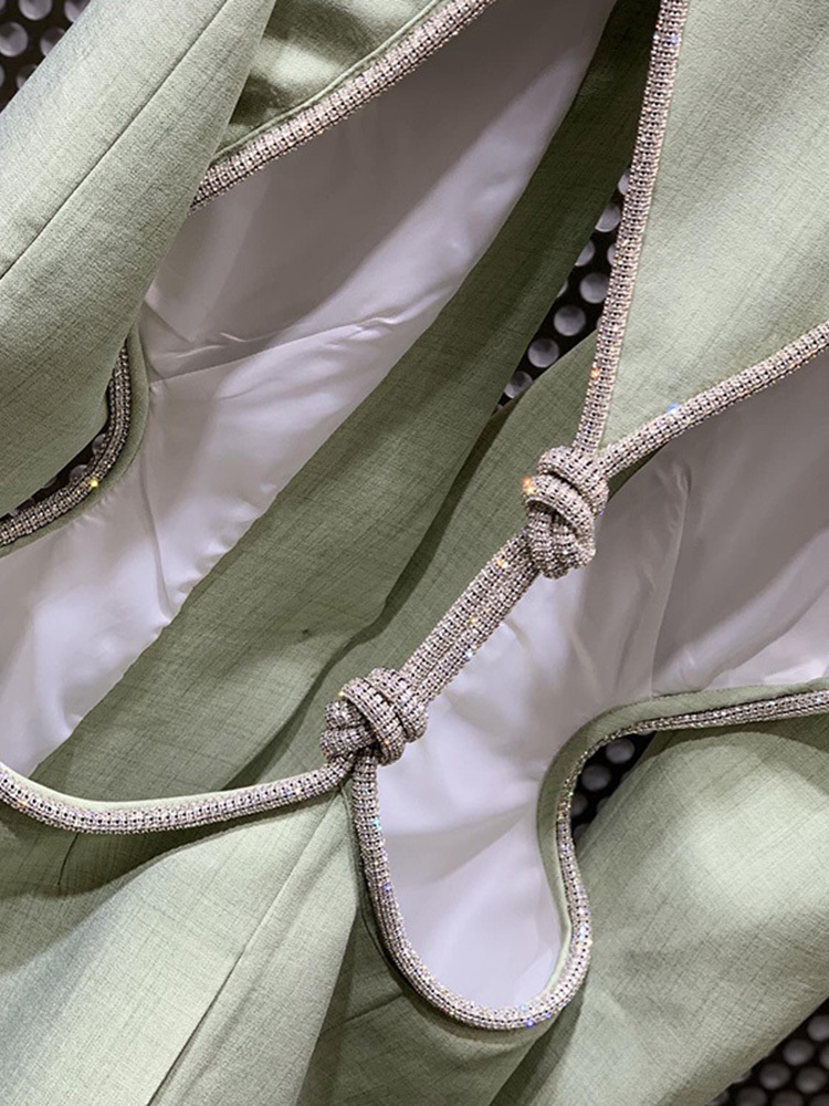 VGH Green Patchwork Diamond Blazer For Women Notched Long Sleeve Backless Hollow Out Casual Straight Blazers Female Fashion 220402
