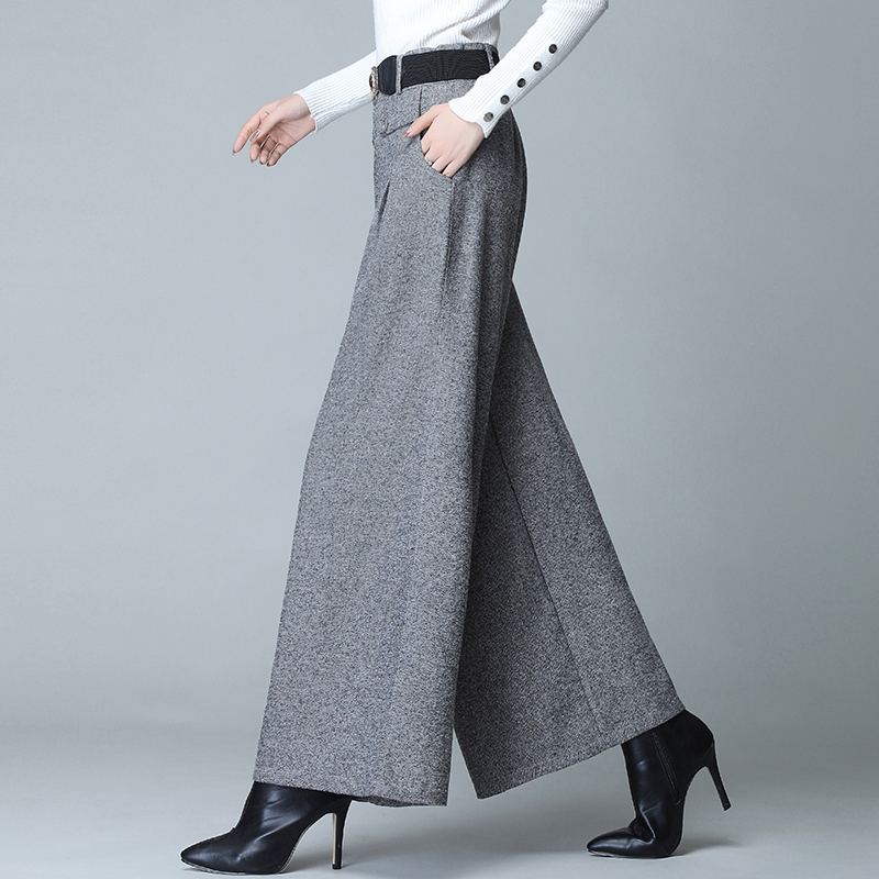 Autumn Winter Solid Color Woolen Pant Pleated Casual Skirt High Waist Loose Wool Wide Leg 660C 220325