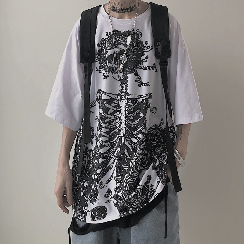 QWEEK Gothic Harajuku Skull T-shirt Korean Fashion Oversized Short Sleeve Tees Shirt Mall Goth Tops Grunge Alt Kpop Clothes 220321