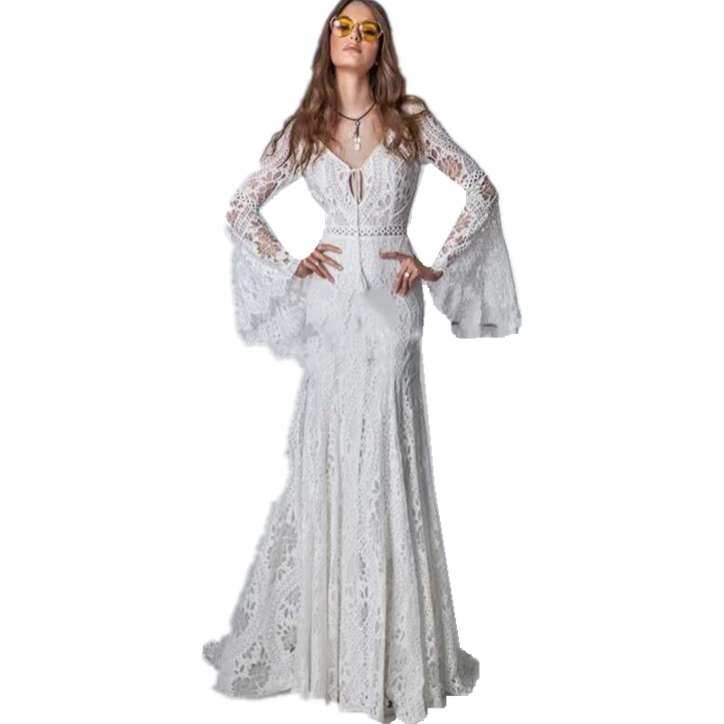 Vintage Crochet Lace Boho Beach Wedding Dress with Flare Long Sleeve 2022 V-neck Mermaid Hippie Style Bridal Gowns Western Country Cowgirl Bohemian Br