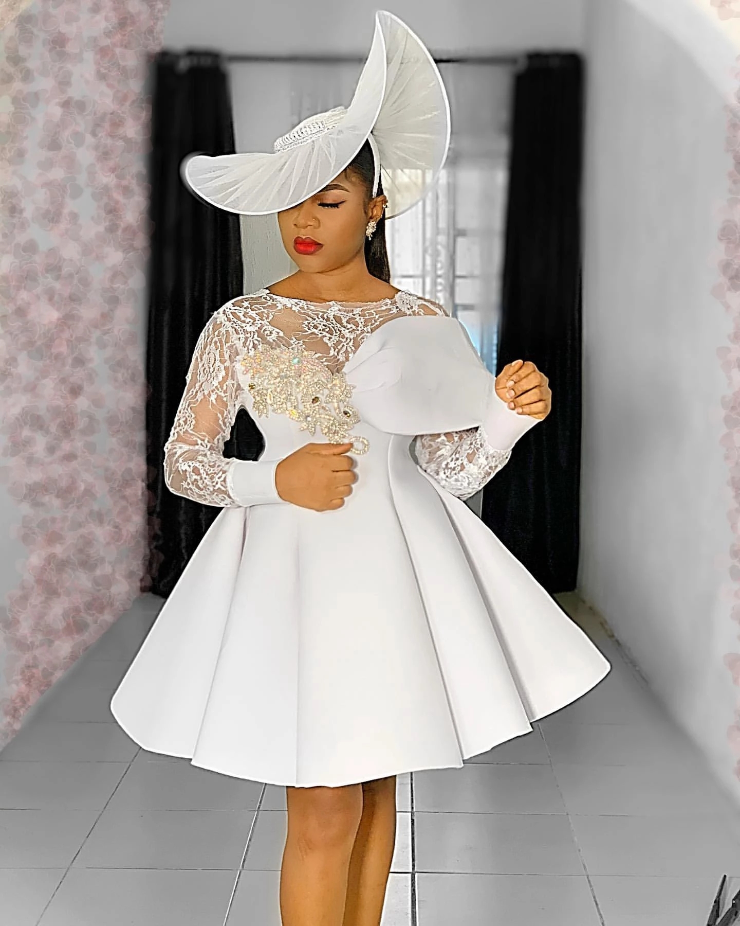 White Nigerian Arabic Cocktail Dresses Long Sleeve Lace Beaded Short Homecoming Dress Illusion A Line Satin Prom Gowns