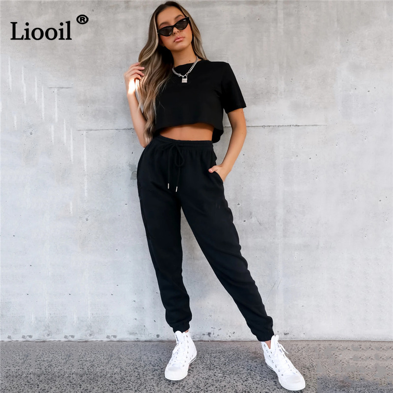 Liooil Joggers Fleece Drawstring Pencil Pant High Waist Baggy Sweatpants With Pocket Casual Fall Winter Streetwear 220325