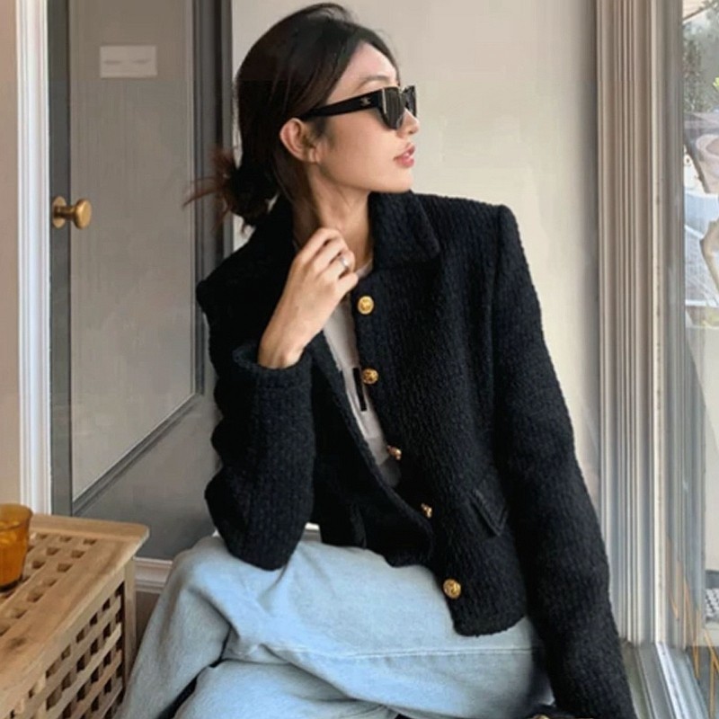 Runway Fall Winter Vintage Cropped Jacket Womens Korean Fashion Black Casual Tweed Jackets Elegant Chic Brand Outwear Coat 220817 - view 3