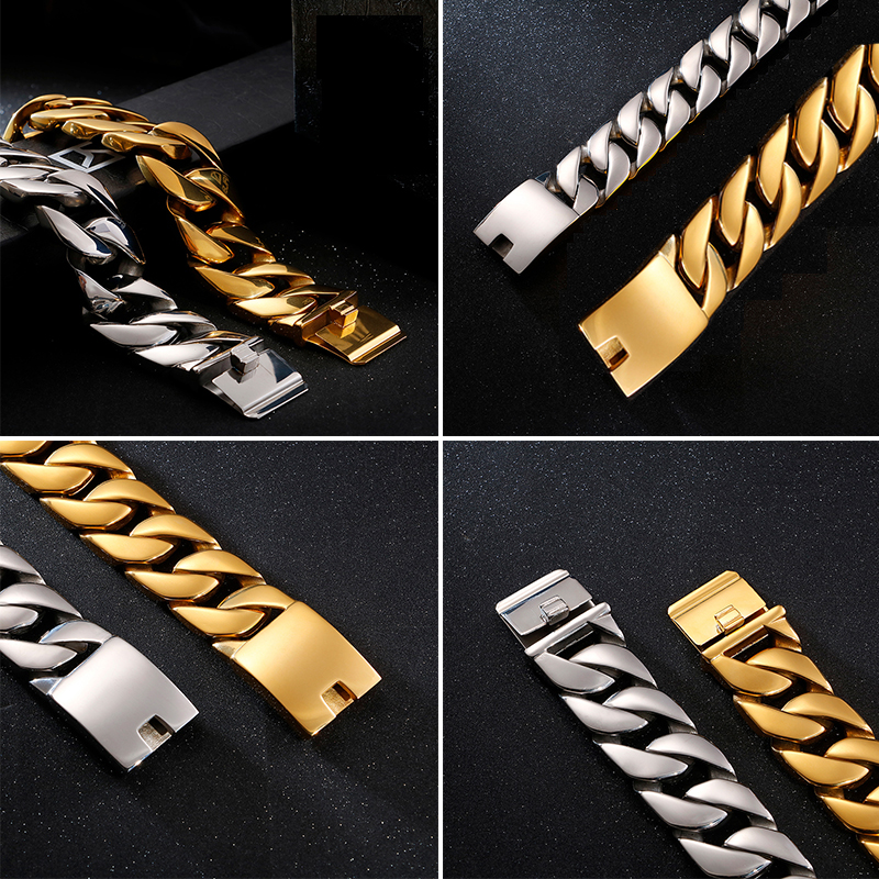 26MM Heavy Mens 18K Gold Cuban Curb Chain Bracelet Vintage Thick 316L Stainless Steel Bike Biker Bracelets Punk Rock Male titanium steel bangle jewelr