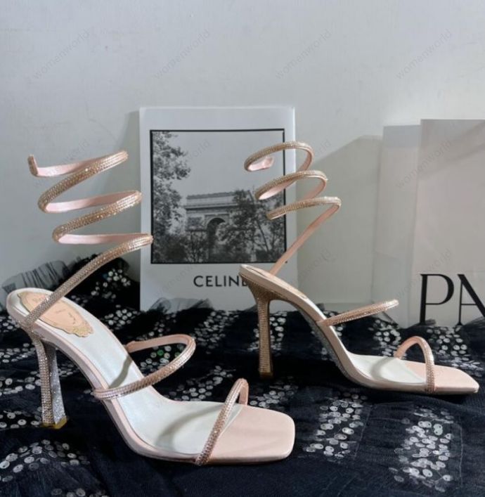 RENE CAOVILLA 10cm stiletto High heel Sandals CRYSTAL Karung Gold Snakelike twining rhinestone sandals women summer Top quality thick heels shoes largest 43