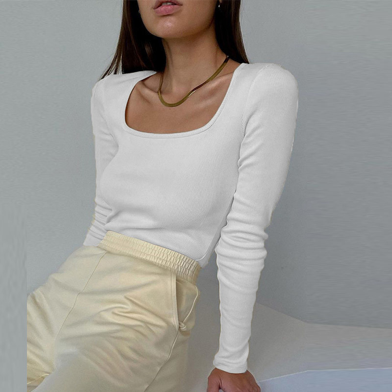Y2K Square Neck Long Sleeve T Shirt Knitted Autumn Winter Black Ribbed Basic Top Female Sexy Casual Slim Shirt 220328