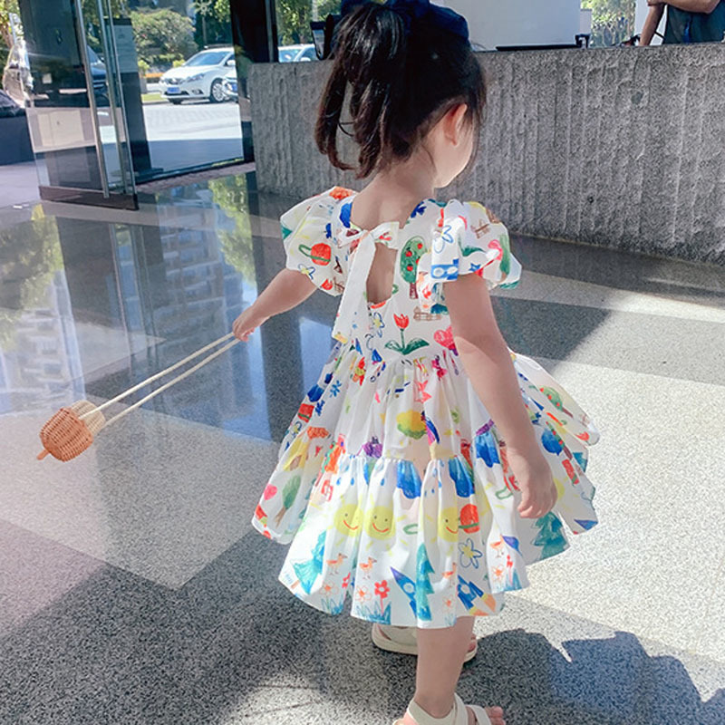 Summer Girls Dress Puff Sleeve Casual Cartoon Party Princess Dress Cute Childrens Wear Baby Kids Girls Clothing 220707