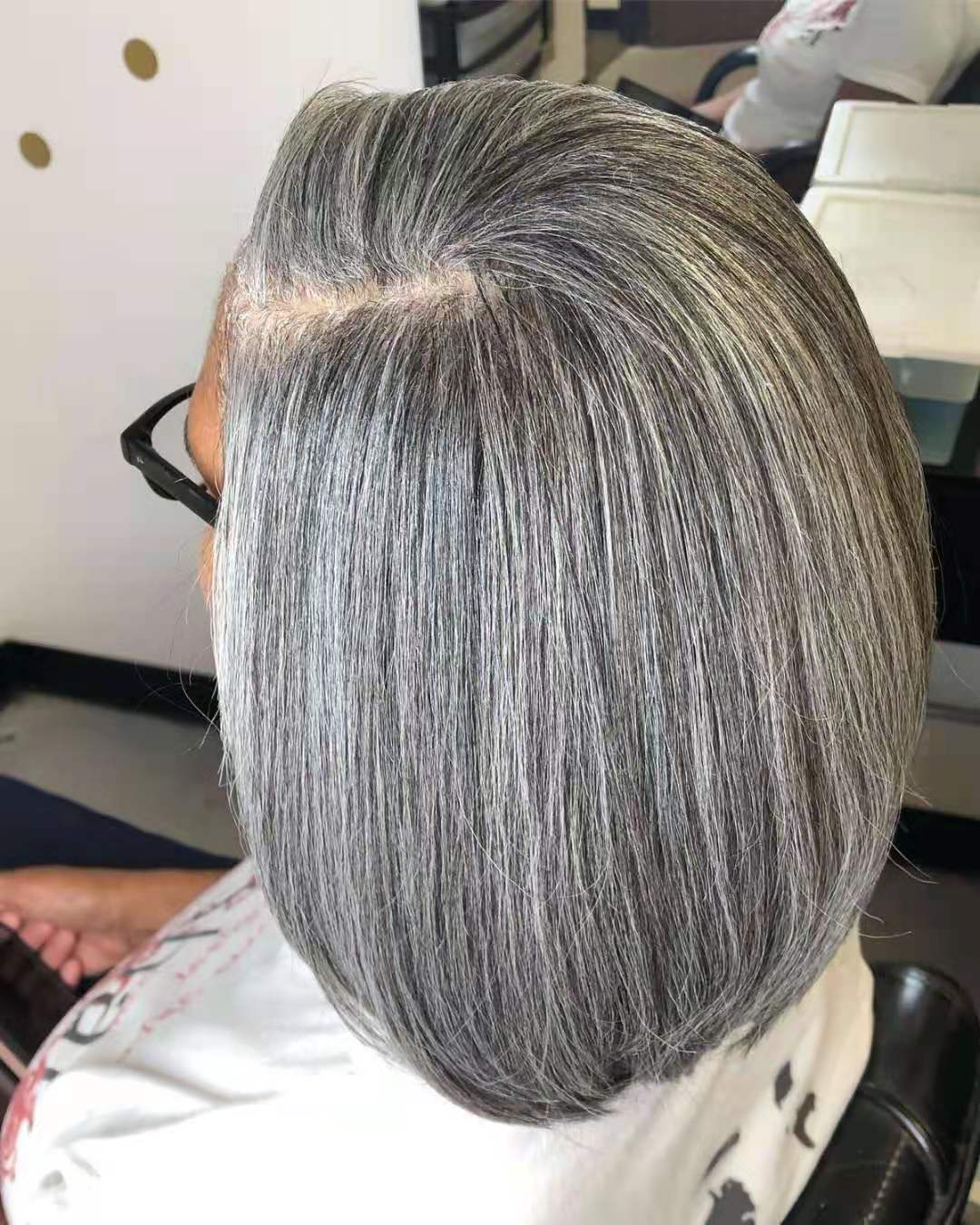 Custom Salt&pepper color grey bob human hair wig for black women with bang fringe hairpiece silver two tone blend natural daily use 150%density short 