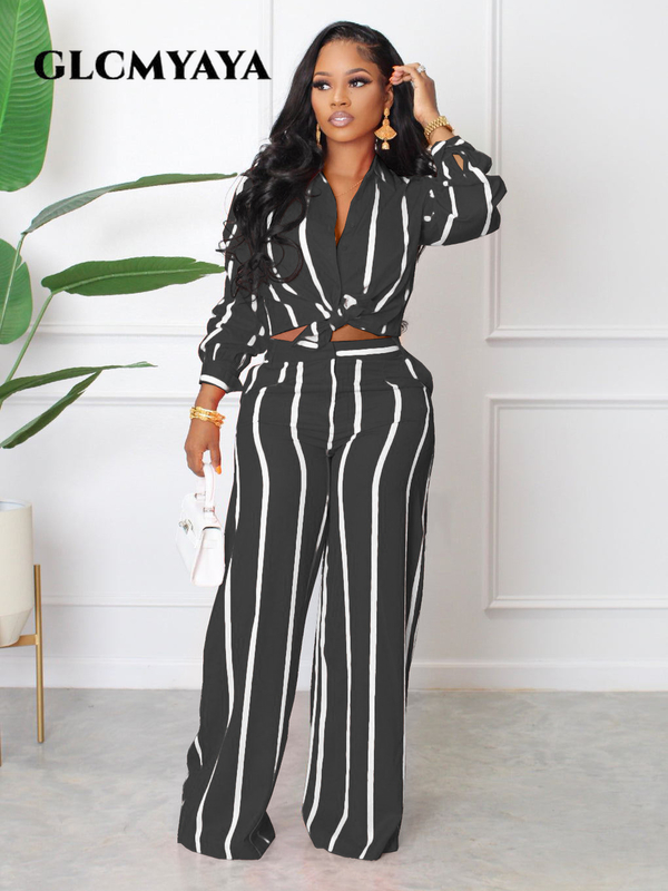 CMYAYA Street Striped Women Set Long Sleeve Shirt and Straight Pants Suit Elegant Chic Tracksuit Two Piece Set Fitness Outfit 220817