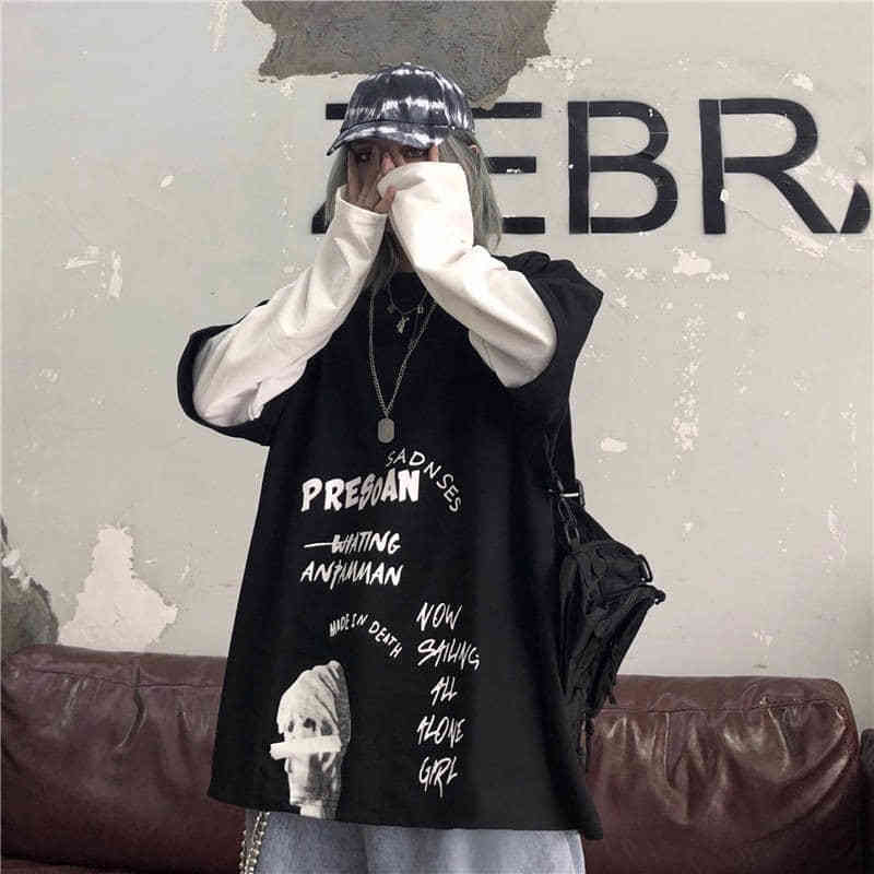 NiceMix Black Letter Print Tshirt Loose Punk T-Shirts Womens Autumn High Street T Shirts Funny Long Sleeve Streetwear Gir 220321