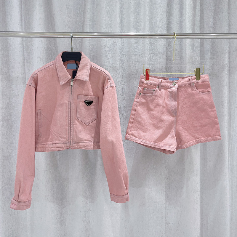 Womens Two Piece Pants Lapel Long Sleeve Zip Top Loose Casual Fashion Printed Shorts Youth Fashionable Trend Pink Suit 2022SS Wear