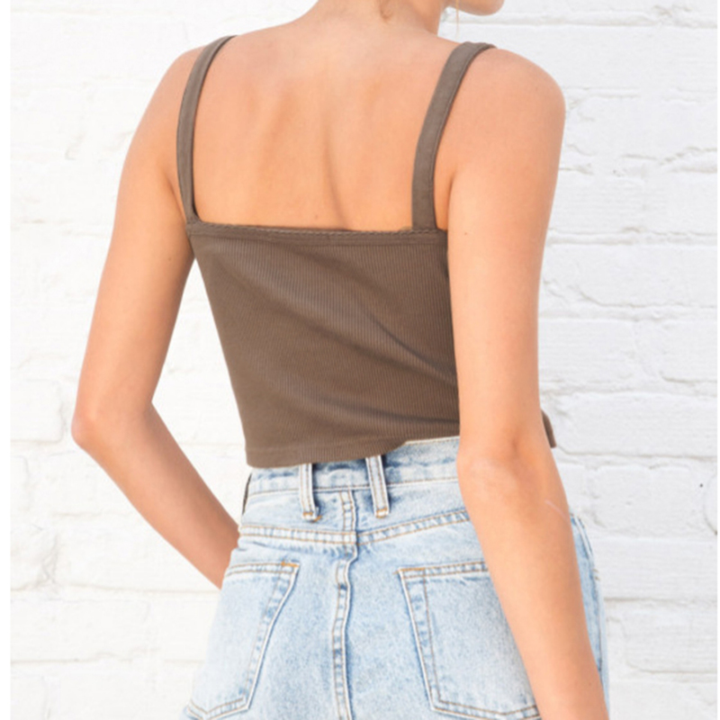 Vintage Brown Slim Cotton Tops Summer Ruffle Trim Sexy Square Collar Y2k Camis Blouses Women Sweet Cute Crop Top Chic 220325