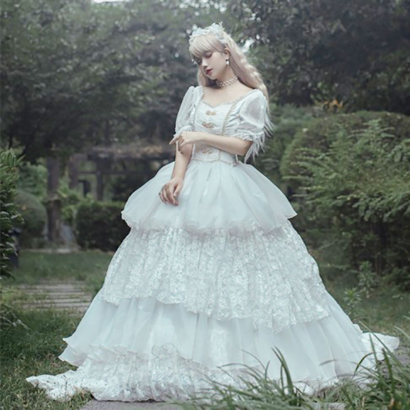 White Lace Gothic Wedding Dress 2022 Medieval Victorian Short Sleeve A Line Tiered Ruffles Country Wedding Gowns Costumes Bride Women Vestidos De Novi
