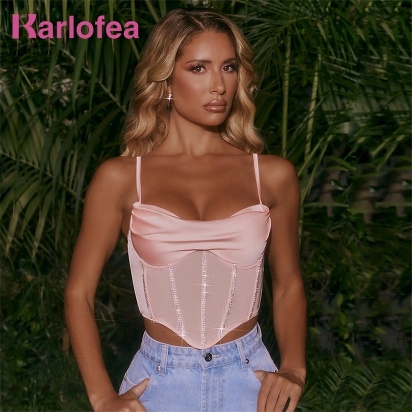 Karlofe Night Club Party Clothes For Women Underwire Padded Bustier Vest Camis Diamonds Satin Mesh Corset Sexy Crop Tops 220325