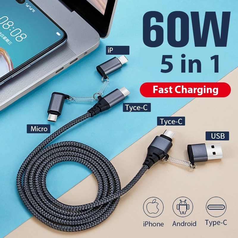 5 in 1 USB to Type C PD 60W Cables for Samsung S20 MacBook iPad iPhone Quick Charge 3.0 USB-C Fast USB Charger Cord, As show
5 in 1 USB to Type C PD 60W Cables for Samsung S20 MacBook iPad iPhone Quick Charge 3.0 USB-C Fast USB Charger Cord, As show