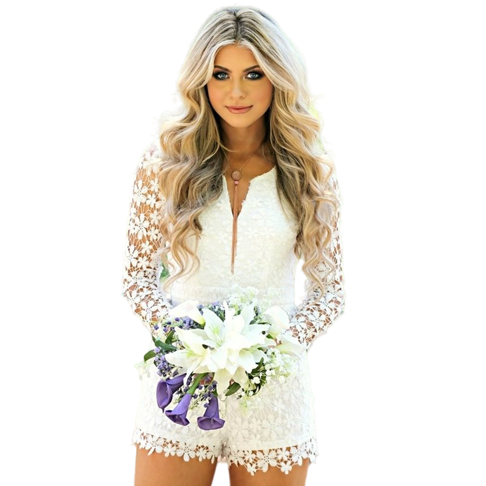 Short Jumpsuit Floral Lace Wedding Dress For Women Long Sleeve Country Bridal Gowns Summer 2022 Chic Elopement Bride Formal Wear