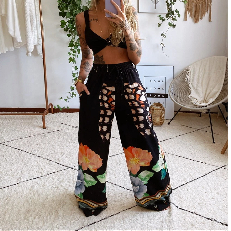 Summer Women Fashion 2 Pieces Set Tracksuit Boho Print Sexy Sleeveless Crop Top Loose Wide Leg Pants Suits Female Clothing 220620