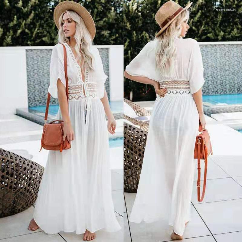Sexy Half Sleeve Long Lace Loose Comfortable Solid Color Blouse Bathing Suit Cover Ups Beach Woman Tunic Swimsuit Up Women's Swimwear, White
Sexy Half Sleeve Long Lace Loose Comfortable Solid Color Blouse Bathing Suit Cover Ups Beach Woman Tunic Swimsuit Up Women's Swimwear, White
