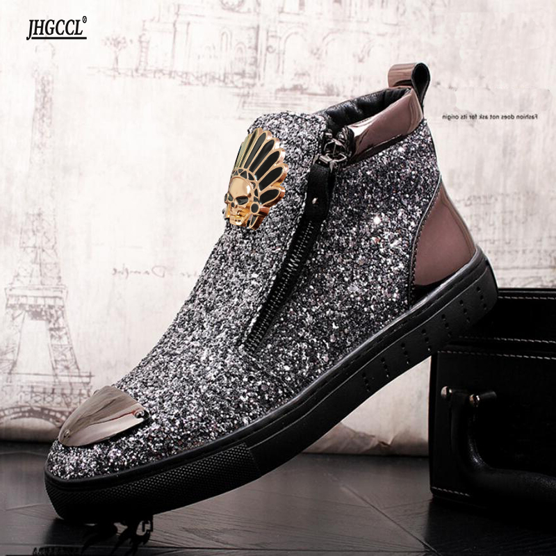 Gold Leather Men Sneakers Punk Casual boots Hip Hop Male High Tops Zip Ankle Boots Flats Zapatillas Hombre