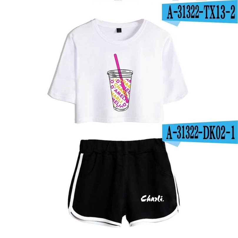 Rholycrown Women's Two Piece Shorts Cute T-Shirt Haruku Print Wer Ice Coffee Splash Charli Damelio Girl Set 210302