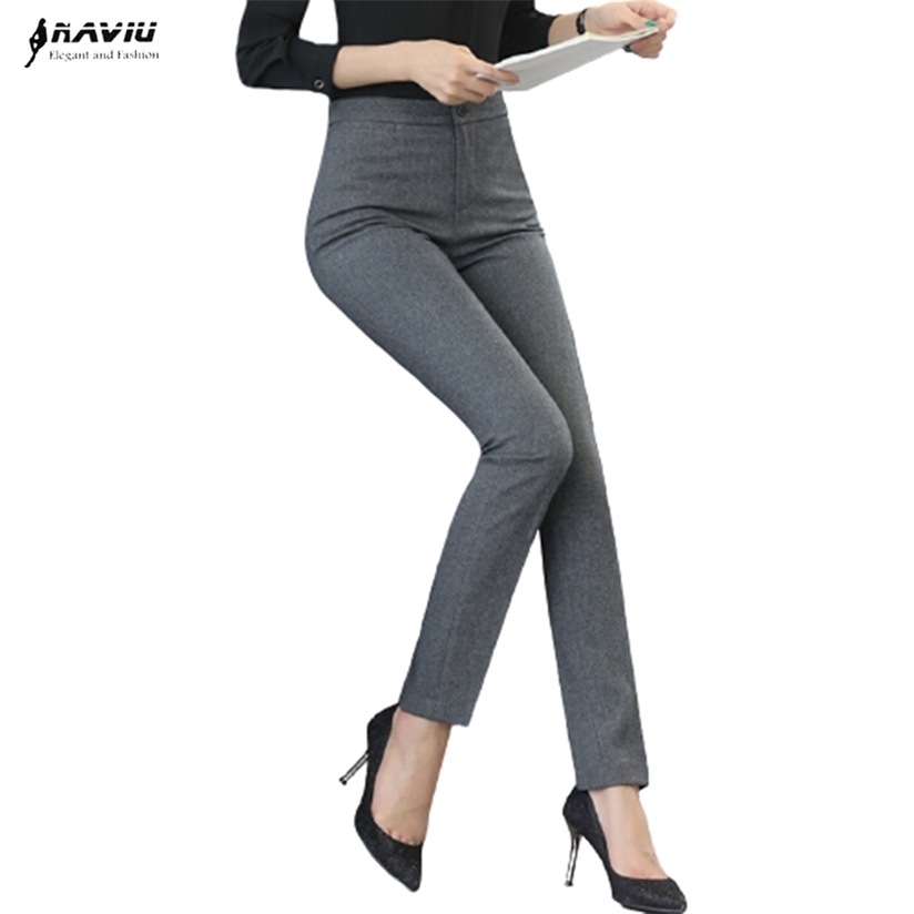 Naviu Fashion Women Trousers Plus Size Occupation OL Spring Autumn Korean Office Ladies Slim Mid Waist Dark Gray Pants 220325