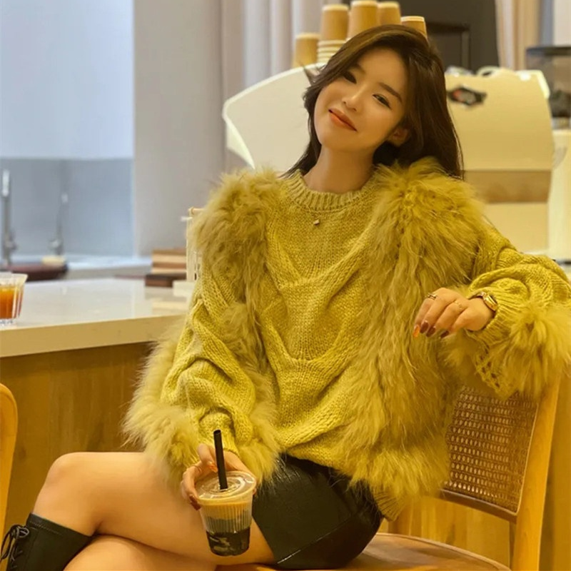 Womens Winter Sweaters Chic Patchwork Fur Coat Top Pull Femme Korean Fashion Knit Pullovers Tops Loose Temperament Jumper 2024