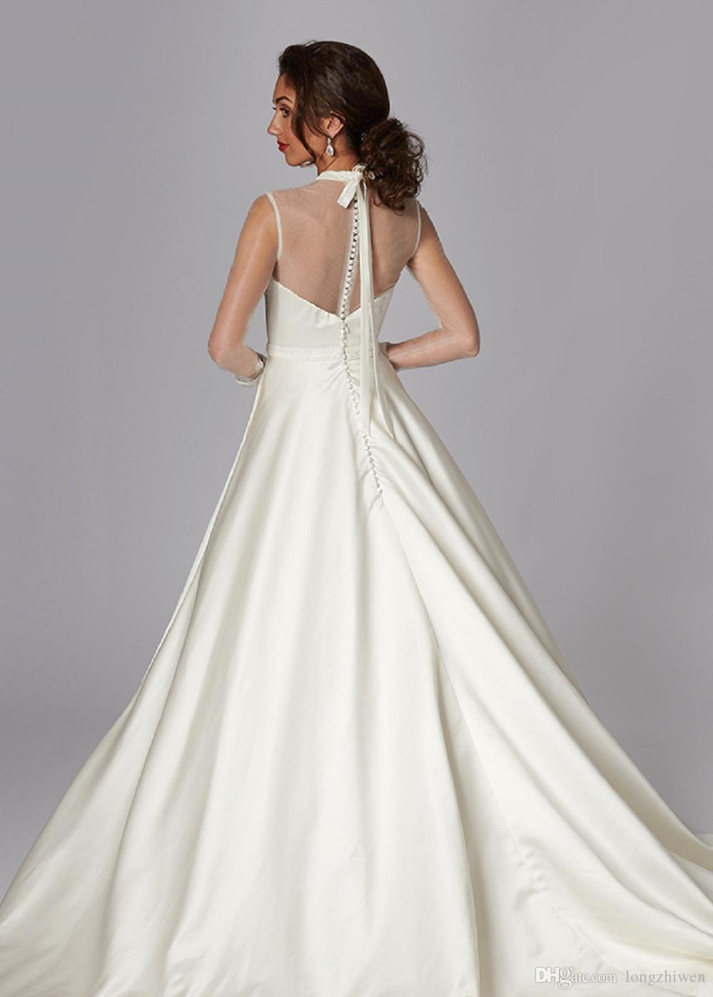 Covered Back beach princess Wedding Dresses Sheer Neck Long Sleeve Satin Plus Size Wedding Dress Sweep Train Robes De Mariee