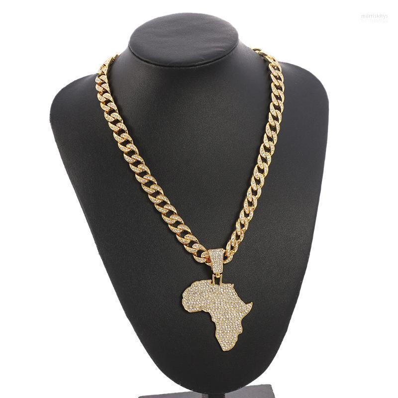 Iced Out Chain Big African Map Pendant Necklaces Men's Hip Hop Gold Color Cuban Link Chain Necklace for Men Male Gemstone Miami Rapper Wolf Tide 