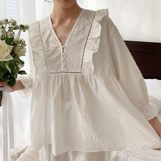 Women's Lolita Dots Pajama Sets.Stringy selvedge Tops+Long Pants.Vintage Ladies Dot Pyjamas Set.Victorian Sleepwear Loungewear 220329