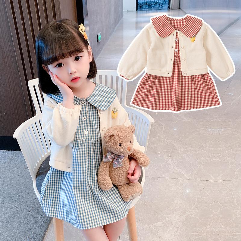 Clothing Sets Girls' Suits Skirts Autumn Clothes Western Style Knitted Jackets Doll Collar Plaid Dresses Two-piece Suit