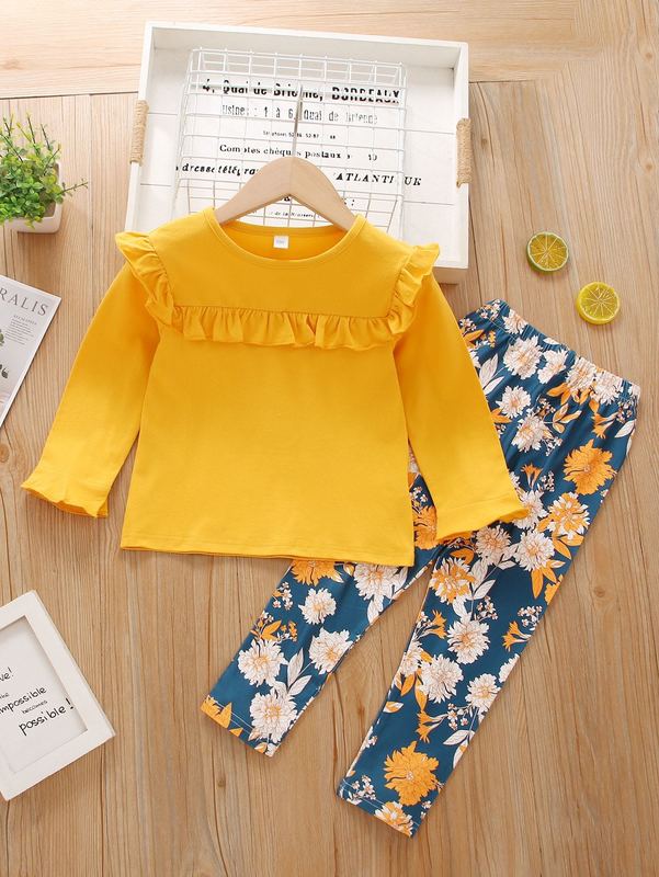 Toddler Girl Ruffle Trim Tee With Floral Leggings SHE