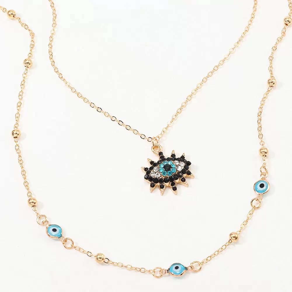 Vintage Boho Style Austrian Crystal Blue Evil Eye Pendent Necklace for Women 18K Gold Plated Double Layer Chain Good Luck Charm Necklaces Jewelry Gift