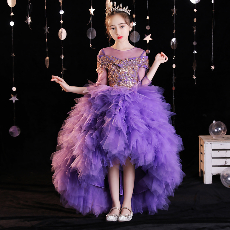 Purple Puffy Girls Dresses 3D Flower V Neck Long Train Kids Teens Pageant Gowns Sequined Birthday Party Dress For Wedding Cooktail Gown 403