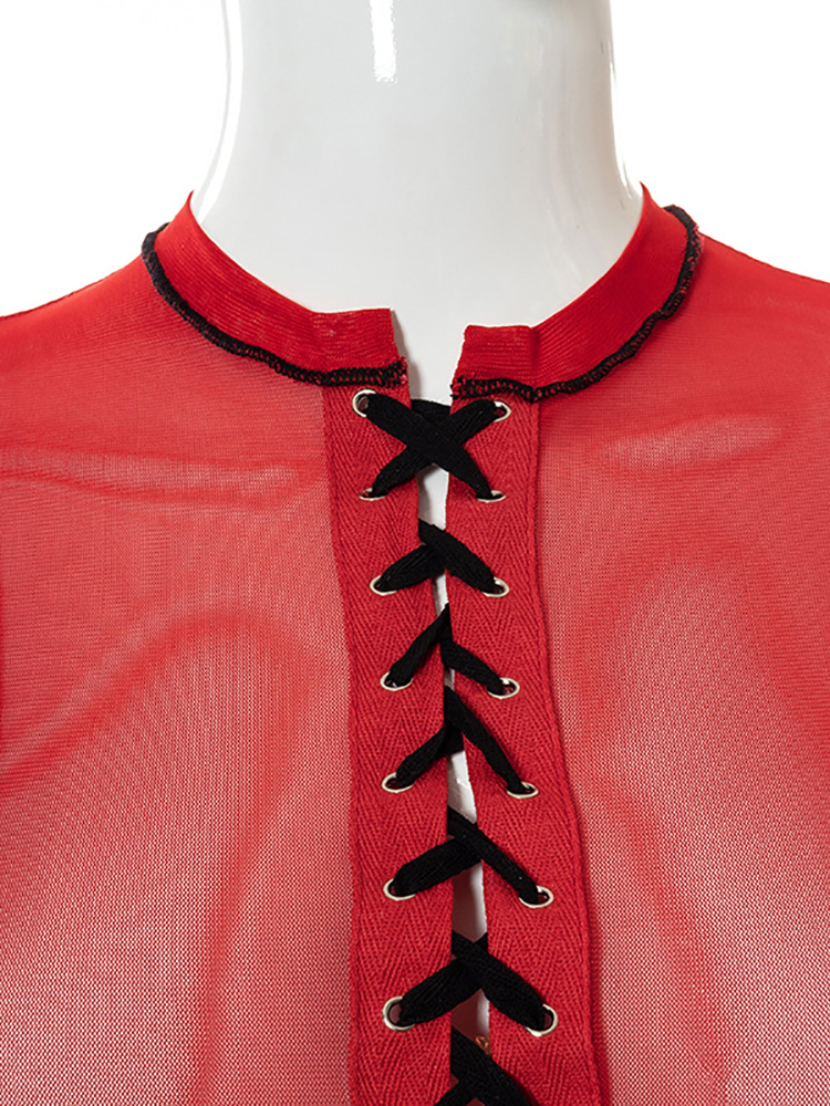 Goth Dark Mesh Sexy Transprent Gothic Cropped Tops Grunge Red Women Long Sleeve Bandage T shirts Punk Bodycon Patchwork Clothes 220714