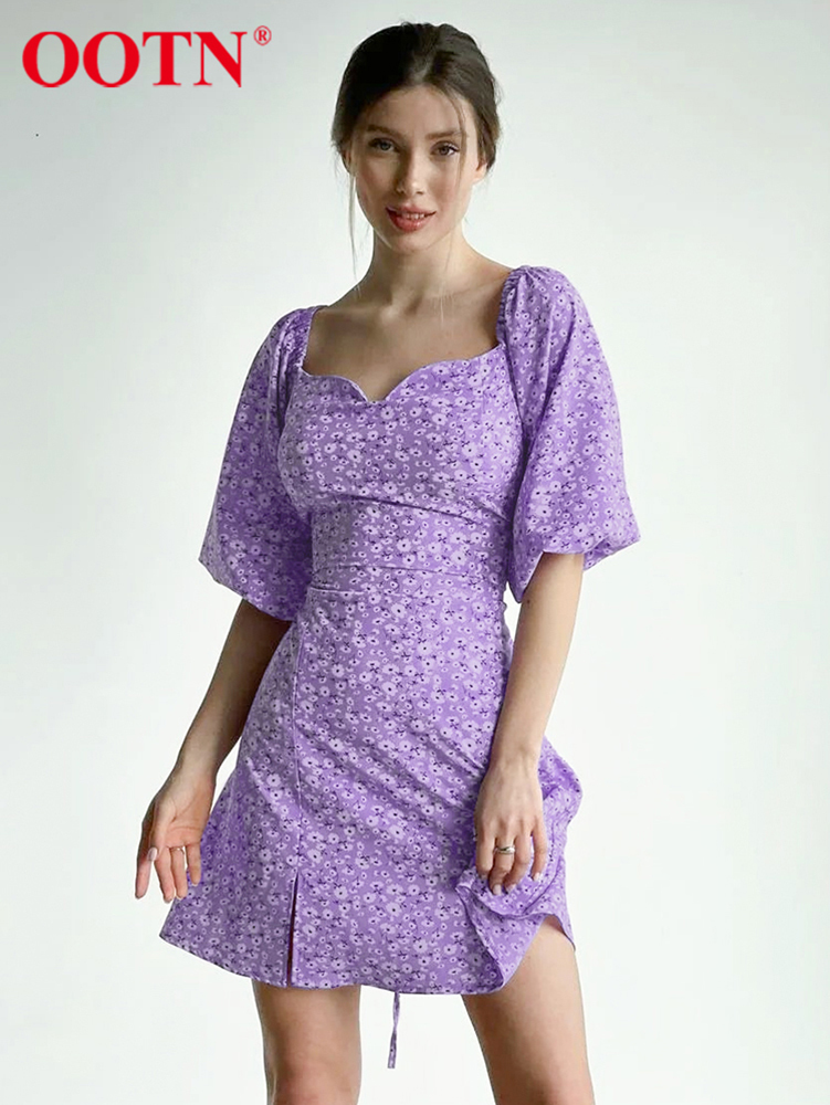 OOTN Summer Elegant Dress Holiday Floral Print Slash Neck Back Lace Up Womens Dress Purple Slit Lantern Sleeve A-Line Dress 220511