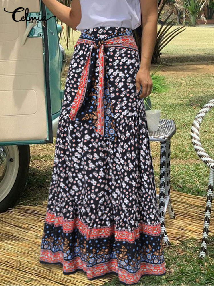 Long Skirts Women Fashion Celmia Autumn Bohemian Floral Printed HighWaisted Maxi Skirt Vintage Casual Loose Bandage Bottom 220701