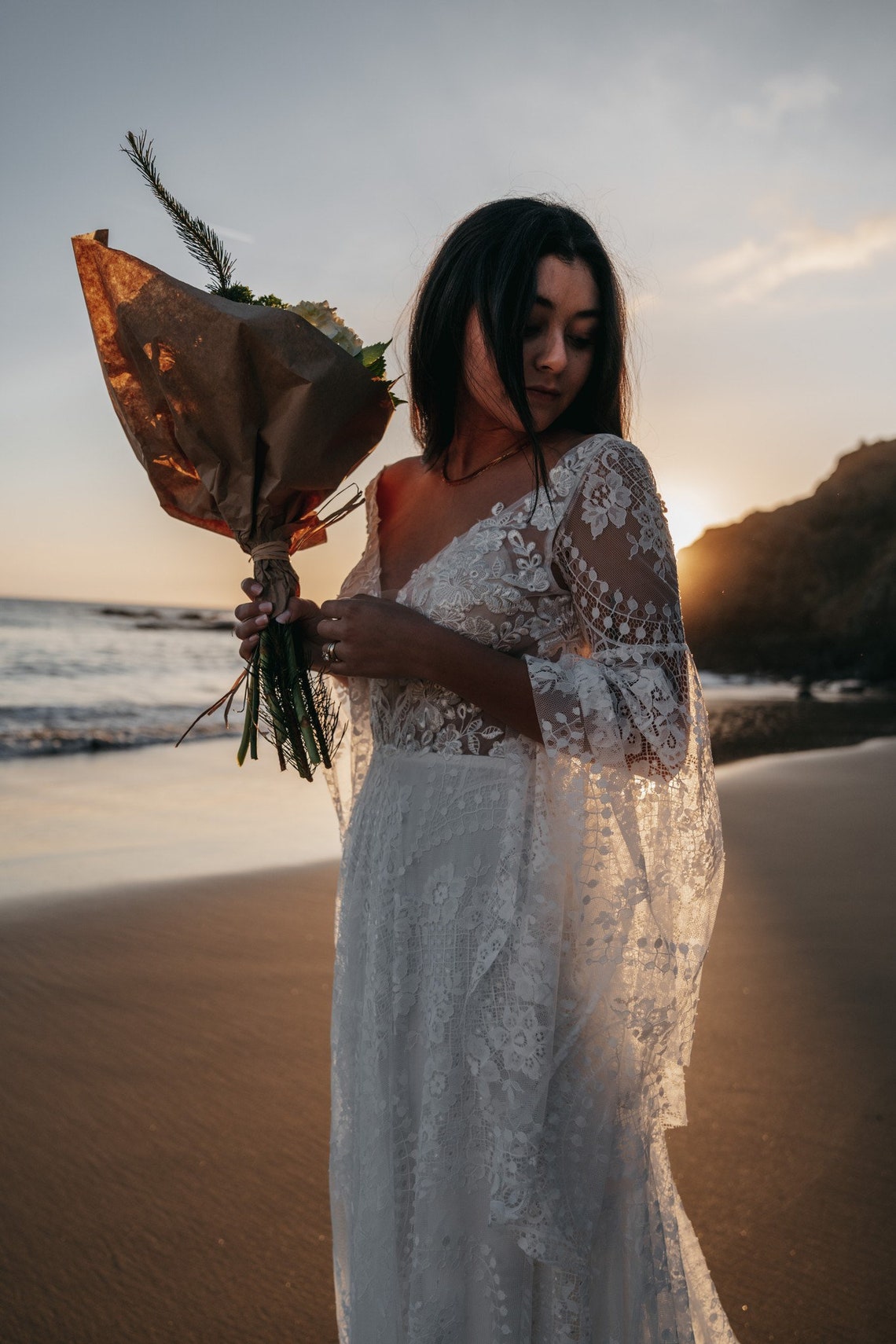 Floral Lace Boho Wedding Dress With Flare Long Sleeve Sexy Backless Deep V Neck A Line Bridal Gowns Ivory Fairy Bohemian Beach Bride Dresses 2022