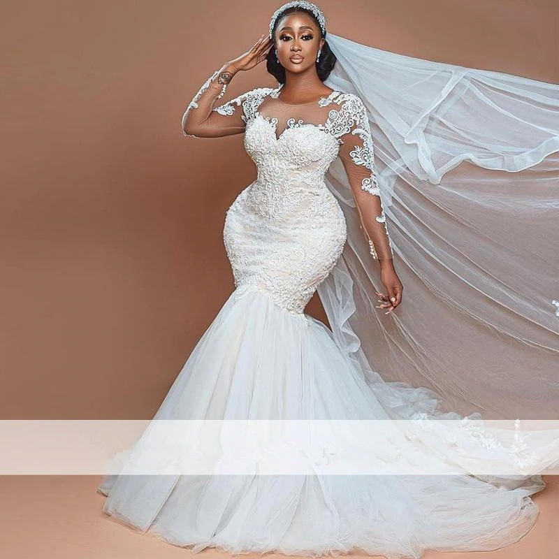 Beading Pearls Plus Size Wedding Dress African Sheer Neck Long Sleeves Bridal Dress vestidos de novia Without Veil