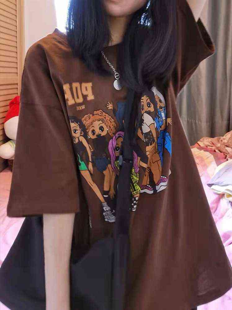 American brown short sleeve T-shirt women's summer loose ins fashion oversize design sense minority half top
American brown short sleeve T-shirt women's summer loose ins fashion oversize design sense minority half top