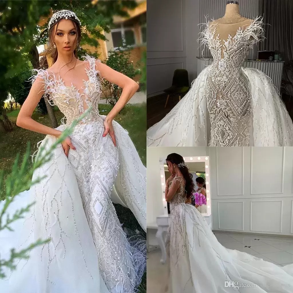 New Arrival Bridal Gown Crystal Beaded Mermaid Wedding Dresses With Detachable Train Appliqued Feathers Saudi Arabic Dubai Luxury