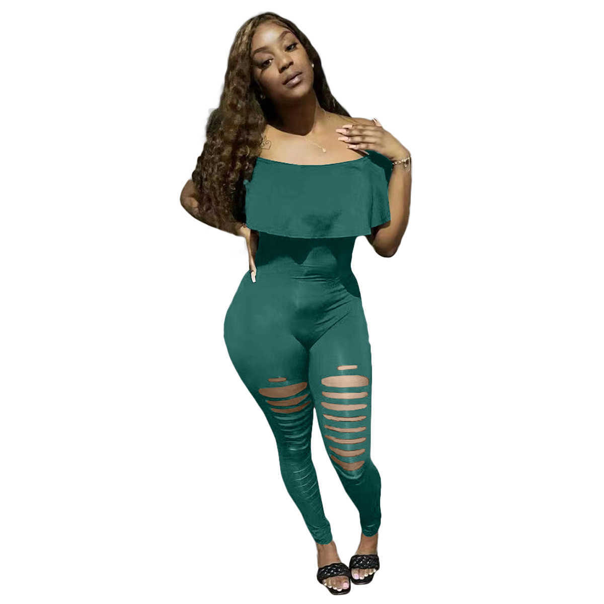 Designer Women Clothes 2023 off shoulder lotus leaf burnt flower hole slim fit one-piece pants Fashion Recommend