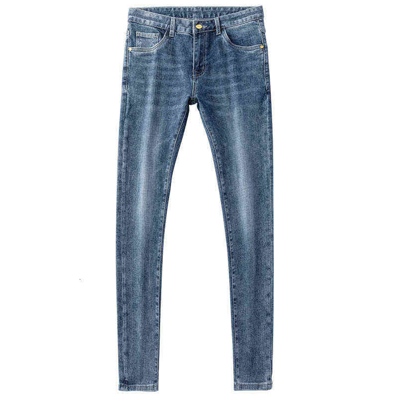 Spring Summer Brand Jeans Men's Elastic Korean Version Slim Fitting Feet Golden Horse Printed Blue Pants